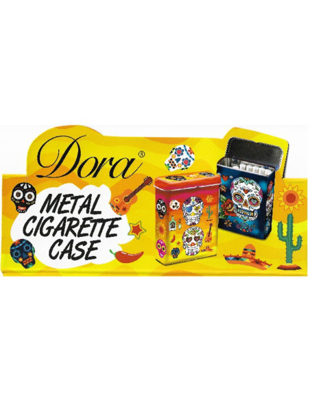 Pitillera metálica Dora con diseño de calavera mexicana, compacta y reversible