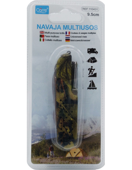 Navaja multiusos camuflaje con 11 funciones y anilla para llavero en blister