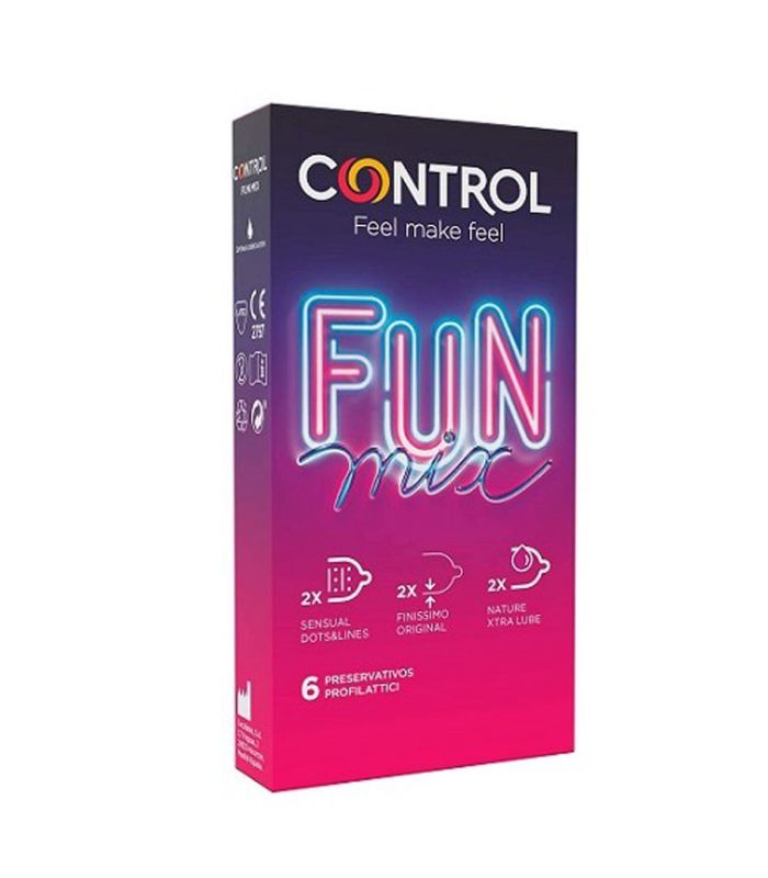 Comprar preservativos al por mayor con caducidad de 2026 fun mix, 2 sensual dots and lines, 2 finísimos y 2 nature extra lube