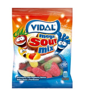Mega Sour Mix Vidal 90g, surtido clásico de gominolas fresas, dedos y pies