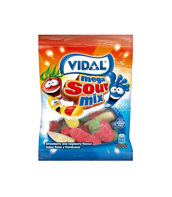 Mega Sour Mix Vidal 90g, surtido clásico de gominolas fresas, dedos y pies