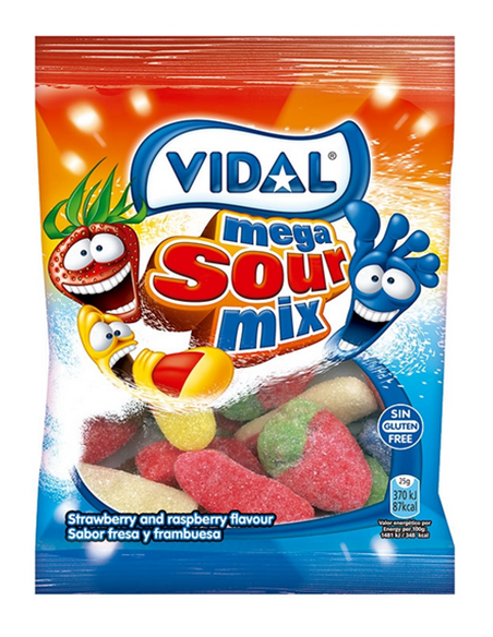Mega Sour Mix Vidal 90g, surtido clásico de gominolas fresas, dedos y pies