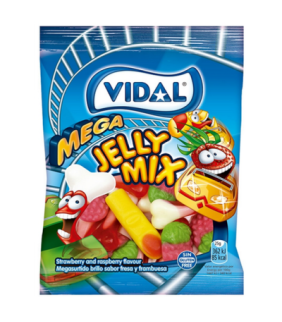 Mega Jelly Mix Vidal 90g, surtido de gominolas dedos, fresas y huesos