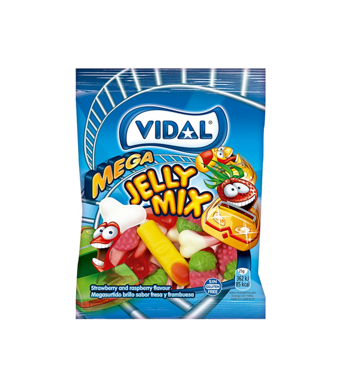 Mega Jelly Mix Vidal 90g, surtido de gominolas dedos, fresas y huesos