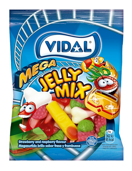 Mega Jelly Mix Vidal 90g, surtido de gominolas dedos, fresas y huesos