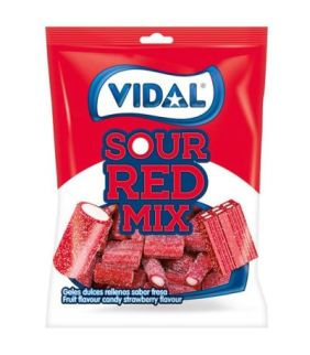 Sour Red Mix Vidal 90g, gominolas rojas con azúcar ácido sabor fresa