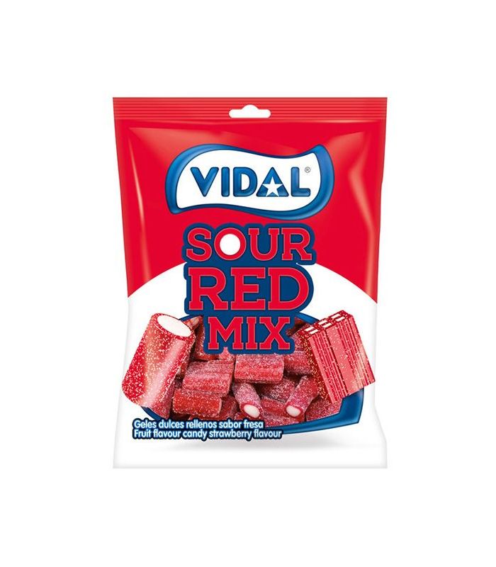 Sour Red Mix Vidal 90g, gominolas rojas con azúcar ácido sabor fresa