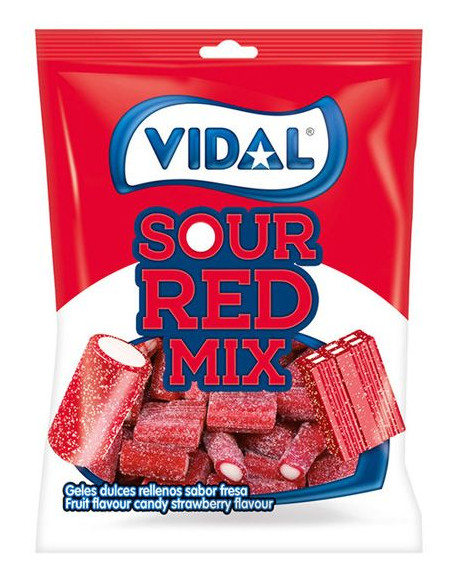 Sour Red Mix Vidal 90g, gominolas rojas con azúcar ácido sabor fresa