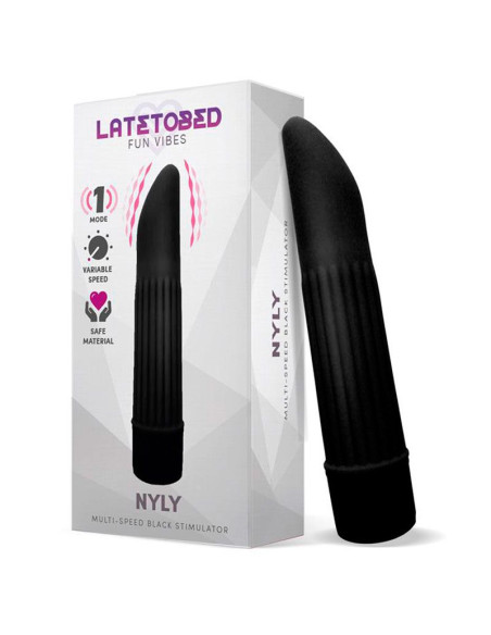 Estimulador negro NYLY Latetobed, diseñado para máxima estimulación. Venta en los mejores sexshops de España.
