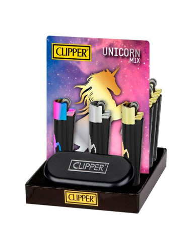 Clipper metálico con dibujo de unicornio y caja metálica ideal para regalar