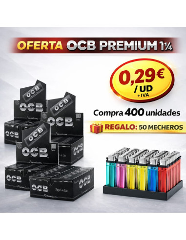 Promoción OCB Premium 1.1/4, comprando 400 unidades de regalo 50 mecheros