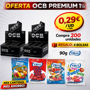 Promoción OCB Premium 1¼: 200 libritos de papel por 0,29€/unidad + IVA con regalo de 4 bolsas de golosinas Vidal de 90g.