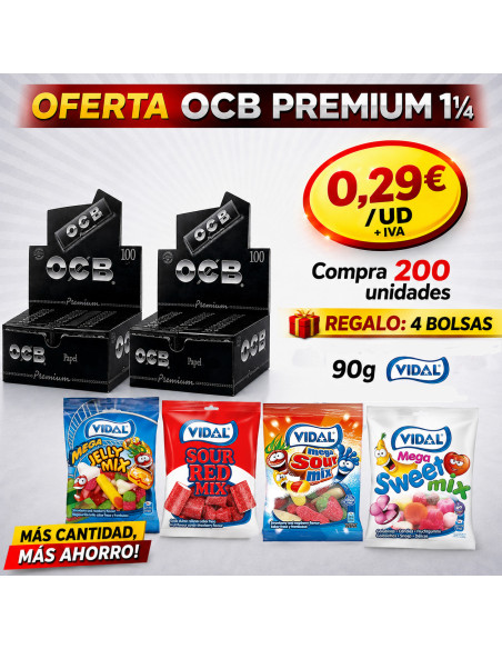 Promoción OCB Premium 1¼: 200 libritos de papel por 0,29€/unidad + IVA con regalo de 4 bolsas de golosinas Vidal de 90g.