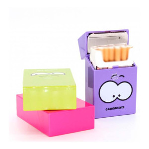 Pitillera con diseño de ojos decorativos, compacta y práctica para transportar cigarrillos.