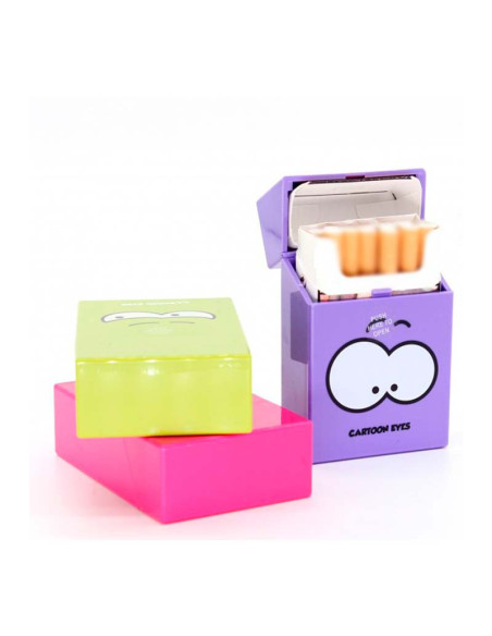 Pitillera con diseño de ojos decorativos, compacta y práctica para transportar cigarrillos.