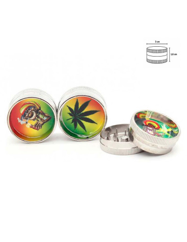 Mini grinder metálico decorado con diseños coloridos y tamaño compacto.