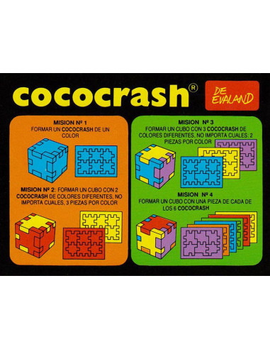 Intrucciones rompecabezas Cococrash de EVA 6 colores y niveles de dificultad.