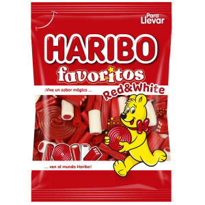 Bolsa Haribo Favoritos Red & White de 90 gramos con surtido de regaliz y gominolas.
