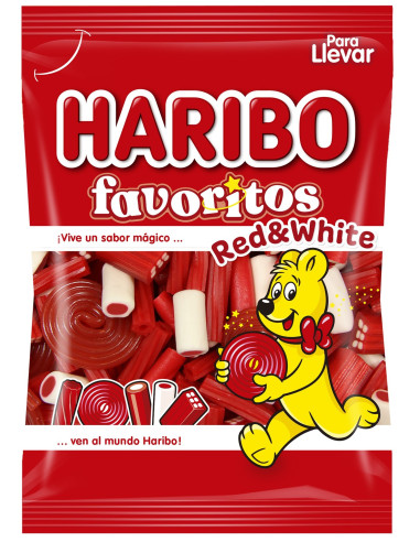 Bolsa Haribo Favoritos Red & White de 90 gramos con surtido de regaliz y gominolas.