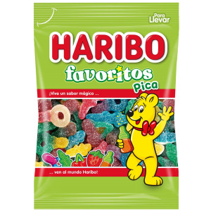 Bolsa Haribo Favoritos Pica de 90 gramos con surtido de gominolas ácidas.