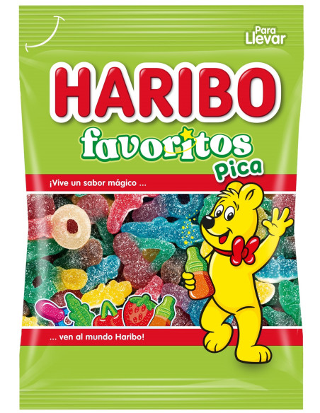 Bolsa Haribo Favoritos Pica de 90 gramos con surtido de gominolas ácidas.