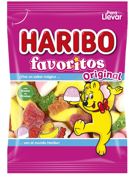 Bolsa Haribo Favoritos Original de 90 gramos con surtido de gominolas afrutadas.